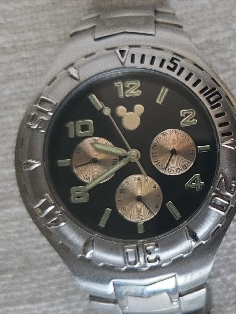 Disney Silver-Tone Men’s Watch with Black Dial and Gold Subdials